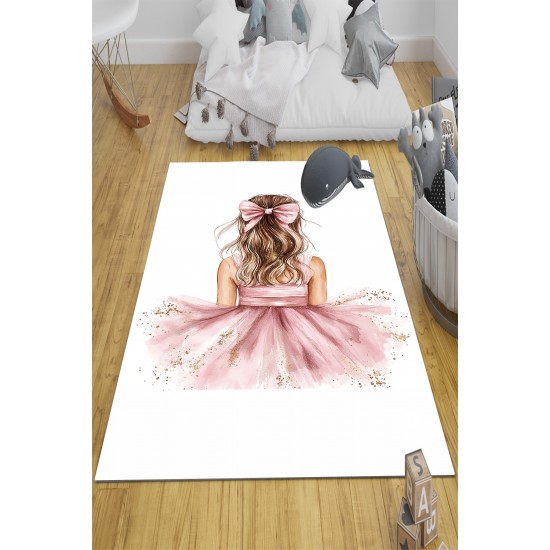 Pembe Fiyonklu Sarı Kız Desenli Çocuk Odası Halısı Yıkanabilir Kaymaz Taban Pembe Fiyonklu Sarı Kız Desenli Çocuk Odası Halısı Yıkanabilir Kaymaz Taban