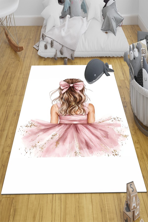 Pembe Fiyonklu Sarı Kız Desenli Çocuk Odası Halısı Yıkanabilir Kaymaz Taban