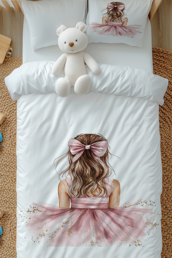 Pembe Fiyonklu Sarı Kız Desenli Çocuk Tek Kişilik Nevresim Takımı Yastık Kılıflı