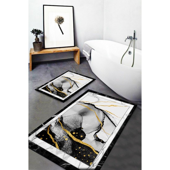 Else Sarı Siyah Sanatsal Desenli Yıkanabilir Kaymaz Banyo Paspası 2li Klozet Takımı Halısı DTS-20