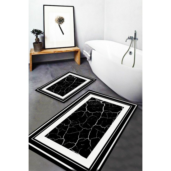 Else Siyah Beyaz Mermer Desenli Yıkanabilir Kaymaz Banyo Paspası 2li Klozet Takımı Halısı DTS-28