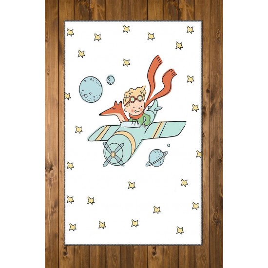 Else Ay Yıldız Uçaklı Küçük Prens 3d Desenli Bebek Odası Halısı
