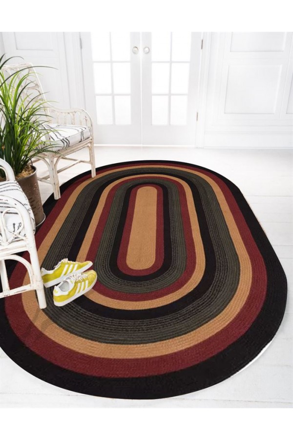 Else Bordo Kahve Siyah Desen Oval Örme Jüt Örgü Halı Hasır Kilim