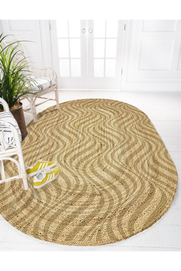 Else Dalgalı Çizgili Desenli Oval Örme Jüt Örgü Halı Hasır Kilim