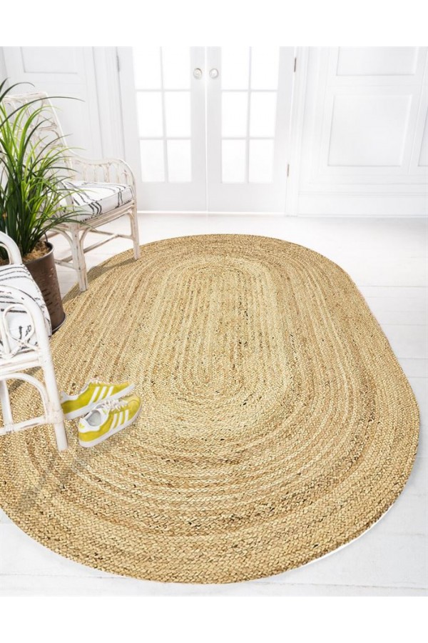 Else Doğal Kahverengi Desenli Oval Örme Jüt Örgü Halı Hasır Kilim