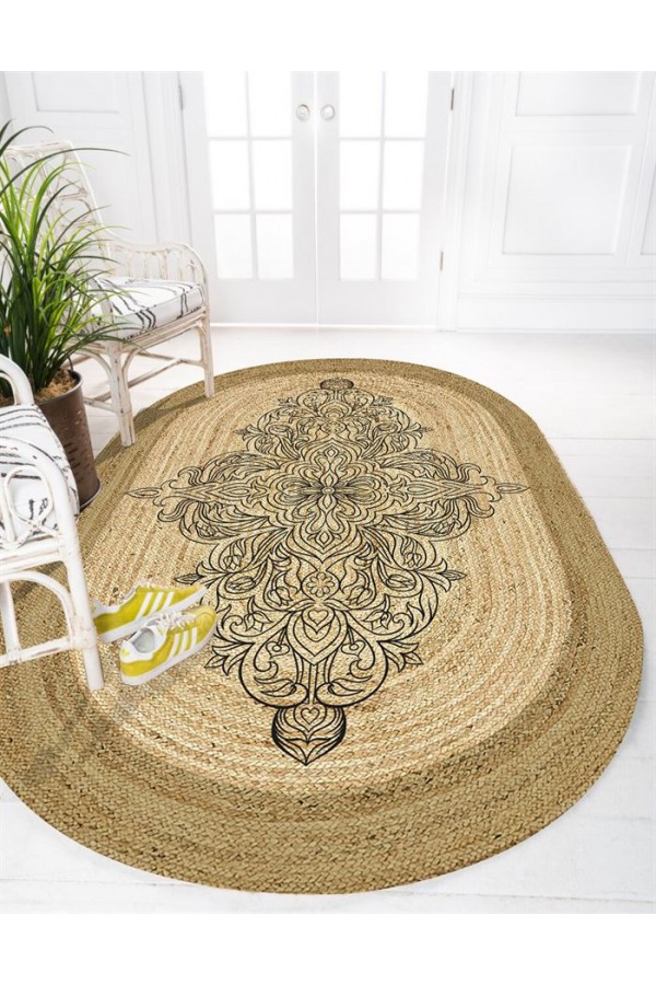 Else Etnik Mandala Desenli Oval Örme Jüt Örgü Halı Hasır Kilim