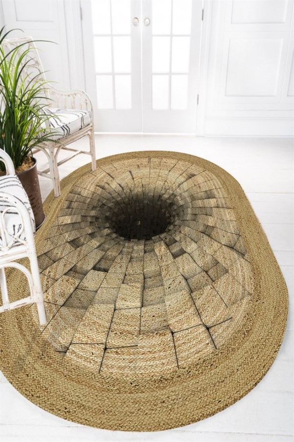 Else Girdap Kutular Kahve Desenli Oval Jüt Örgü Halı Hasır Kilim