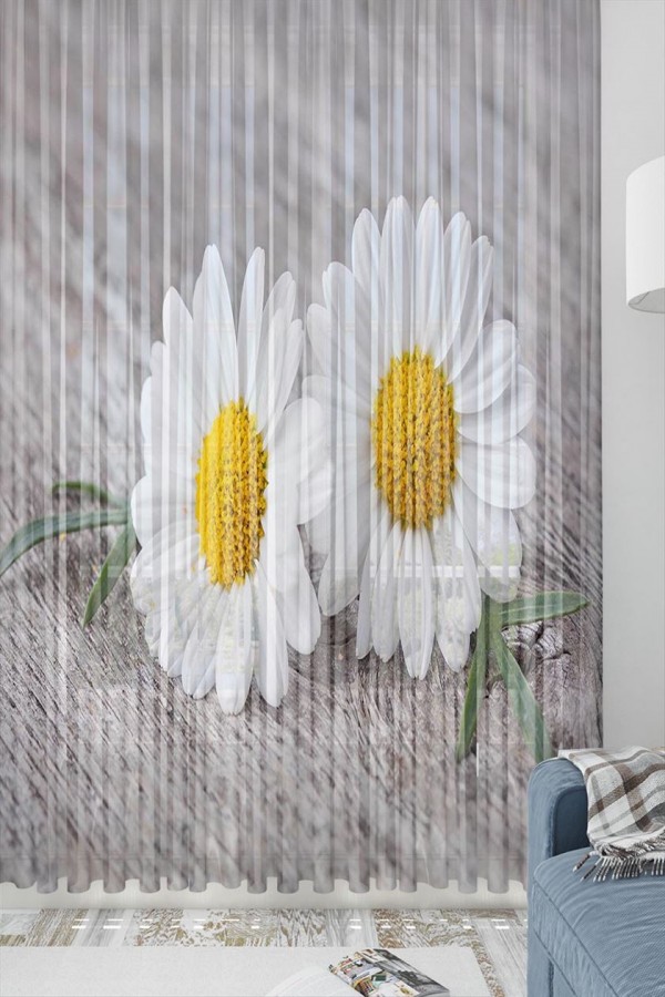 Else Gri Sarı Papatyalar Desenli Dekoratif 3d Tül Fon Perde