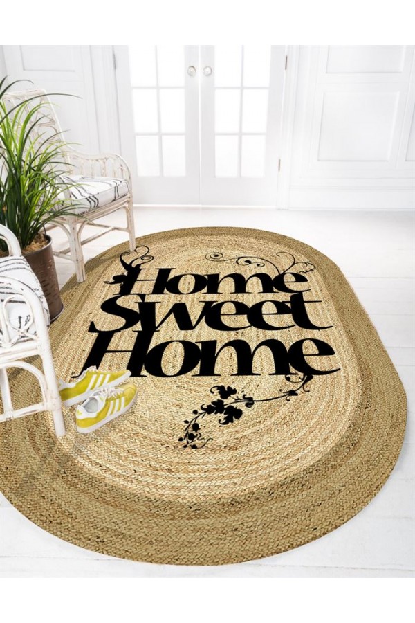 Else Home Sweet Home Desenli Oval Örme Jüt Örgü Halı Hasır Kilim