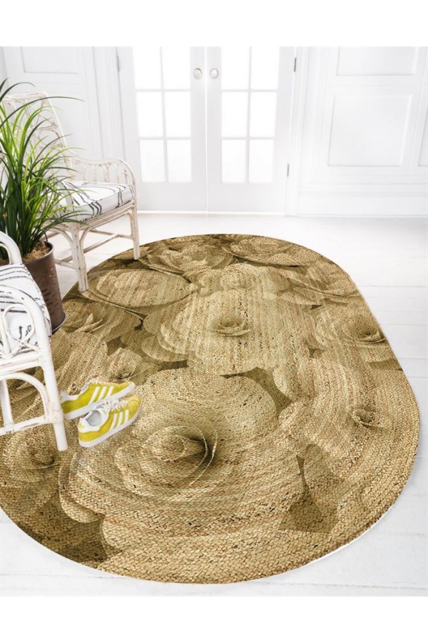 Else Kahve Güller Desenli Oval Örme Jüt Örgü Halı Hasır Kilim