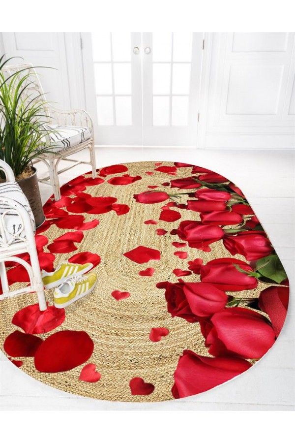 Else Kırmızı Gül Yapraklı Desenli Oval Jüt Örgü Halı Hasır Kilim