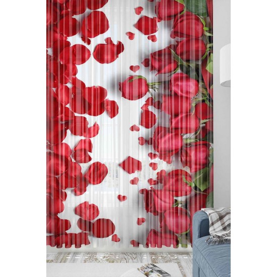 Else Kırmızı Güller Desenli Dekoratif 3d Tül Fon Perde