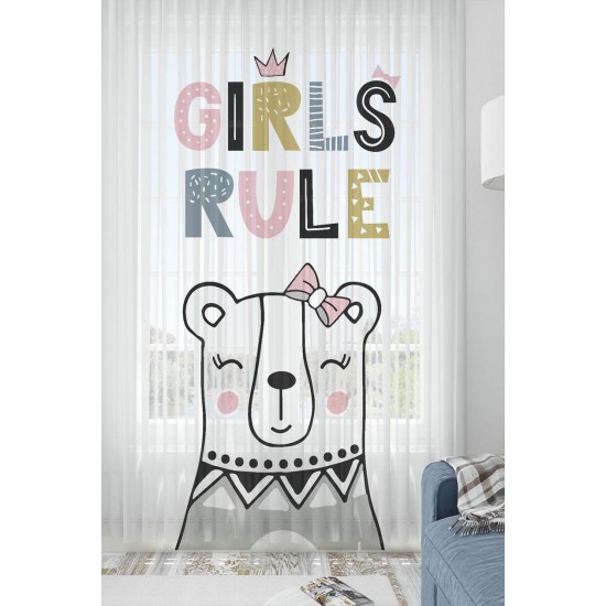 Else Kız Kuralları Ayılı Desenli Çocuk Odası Tül Fon Perde