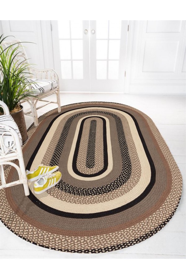 Else Krem Kahve Desenli Oval Örme Jüt Örgü Halı Hasır Kilim