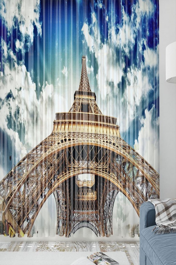 Else Mavi Bulutlu Eyfel Kulesi Desenli Dekoratif 3d Tül Fon Perde Else Mavi Bulutlu Eyfel Kulesi Desenli Dekoratif 3d Tül Fon Perde