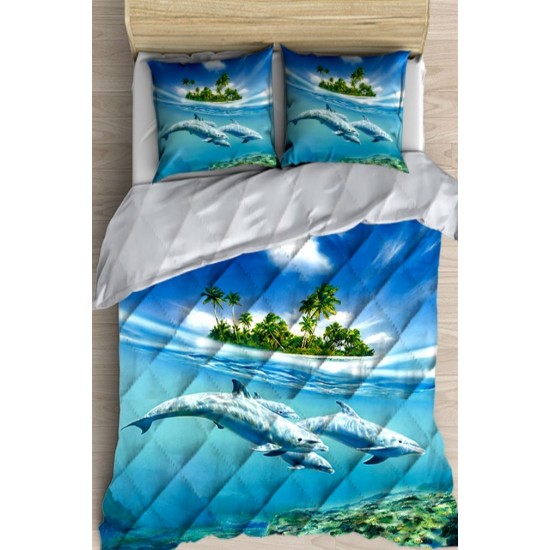 Else Mavi Yunuslar Deniz 3d Desenli Çift Kişilik Yorgan Uyku Seti