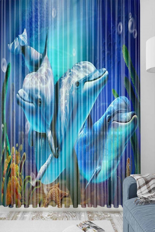 Else Mavi Yunuslar Desenli Dekoratif 3d Tül Fon Perde Else Mavi Yunuslar Desenli Dekoratif 3d Tül Fon Perde