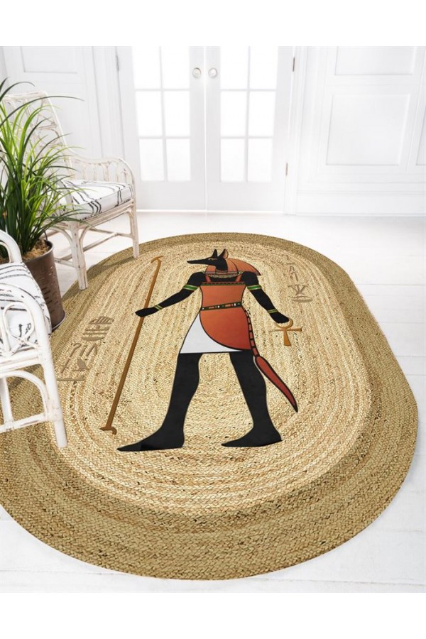 Else Mısır Firavun Etnik Desenli Oval Jüt Örgü Halı Hasır Kilim Else Mısır Firavun Etnik Desenli Oval Jüt Örgü Halı Hasır Kilim