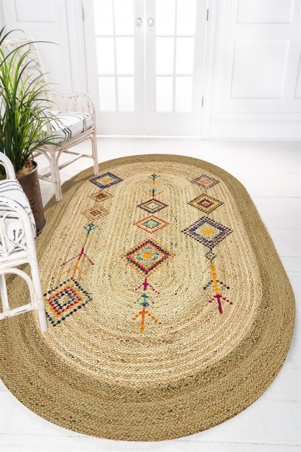 Else Otantik Retro Desenli Oval Örme Jüt Örgü Halı Hasır Kilim
