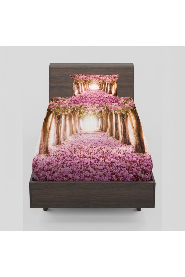 Else Pembe Ağaçlar Aşk Yolu Tek Kişilik Lastikli Çarşaf Takımı