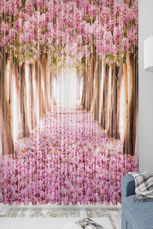 Else Pembe Ağaçlar Desenli Dekoratif 3d Tül Fon Perde