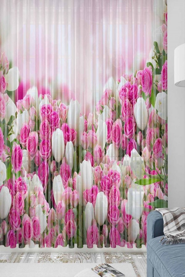 Else Pembe Beyaz Çiçekler Desenli Dekoratif 3d Tül Fon Perde Else Pembe Beyaz Çiçekler Desenli Dekoratif 3d Tül Fon Perde