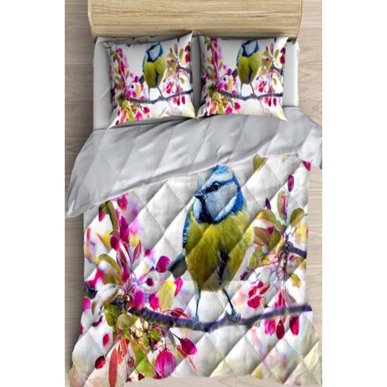 Else Pembe Çiçekli Renkli Kuş Desen Çift Kişilik Yorgan Uyku Seti