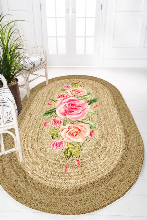 Else Pembe Gül Çiçekli Desen Oval Örme Jüt Örgü Halı Hasır Kilim