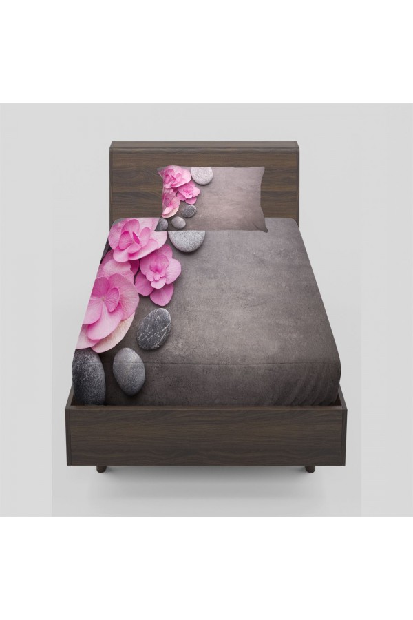 Else Pembe Gül Spa Taşları Tek Kişilik Lastikli Çarşaf Takımı