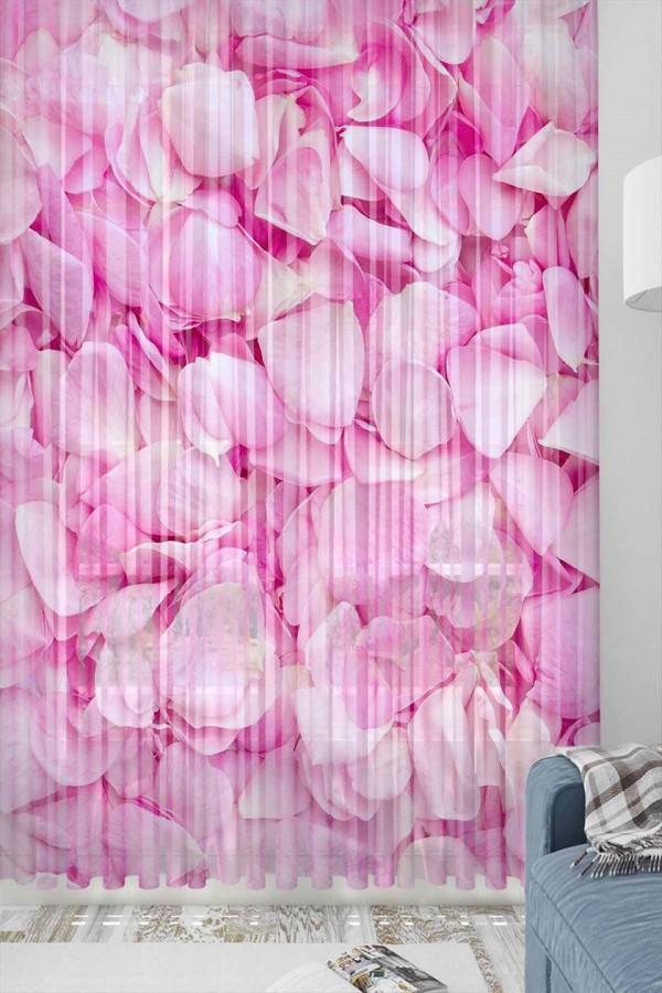Else Pembe Gül Yaprakları Desenli Dekoratif 3d Tül Fon Perde