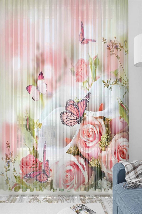 Else Pembe Güllü Çiçekli Desenli Dekoratif 3d Tül Fon Perde