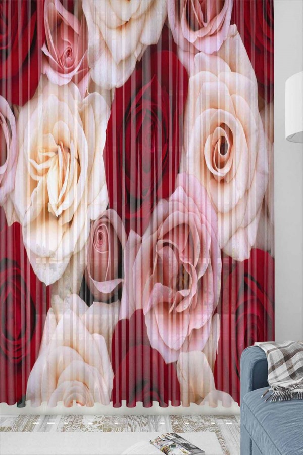 Else Pembe Kırmızı Güller Desenli Dekoratif 3d Tül Fon Perde Else Pembe Kırmızı Güller Desenli Dekoratif 3d Tül Fon Perde