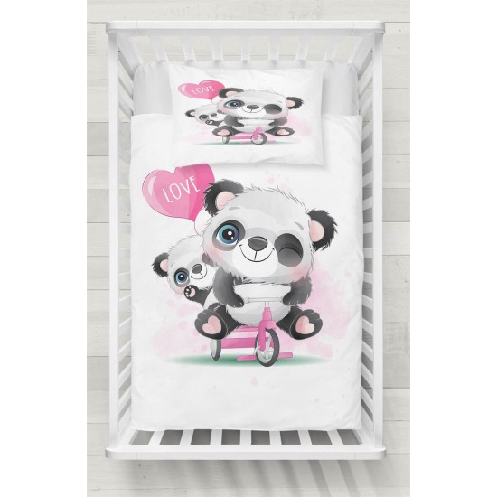 Else Pembe Love Bisikletli Panda Desenli Bebek Nevresim Takımı