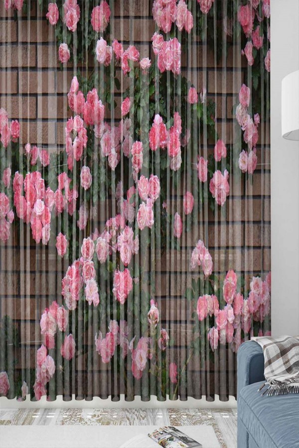 Else Pembe Sarmaşık Çiçekler Desenli Dekoratif 3d Tül Fon Perde