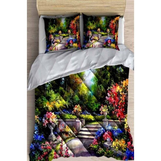 Else Renkli Çiçek Bahçesi  Desenli Çift Kişilik Yorgan Uyku Seti