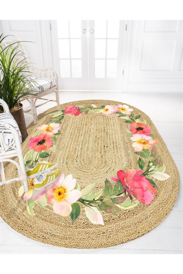 Else Renkli Çiçekli Güllü Desenli Oval Jüt Örgü Halı Hasır Kilim Else Renkli Çiçekli Güllü Desenli Oval Jüt Örgü Halı Hasır Kilim