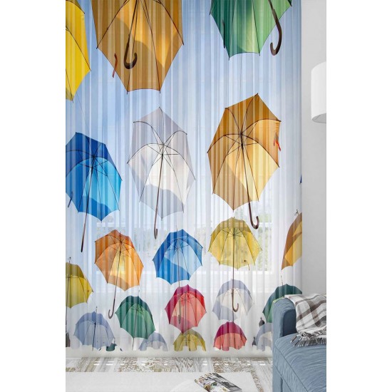 Else Renkli Şemsiyeler Desenli Dekoratif 3d Tül Fon Perde