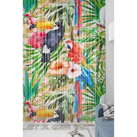 Else Renkli Tropik Papağan Desenli Dekoratif 3d Tül Fon Perde