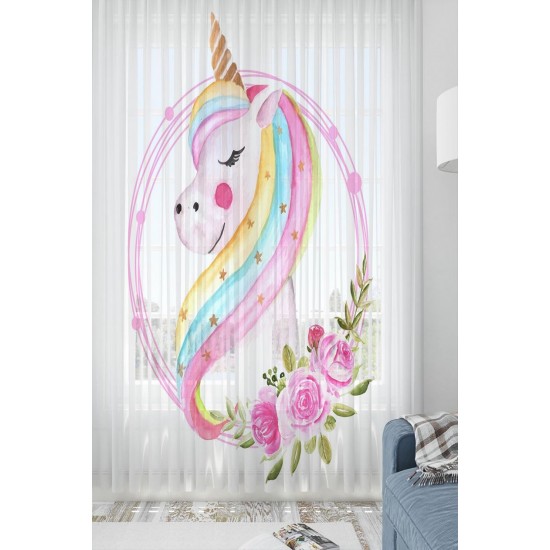 Else Renkli Unicorn At Desenli Dekoratif Çocuk Tül Fon Perde