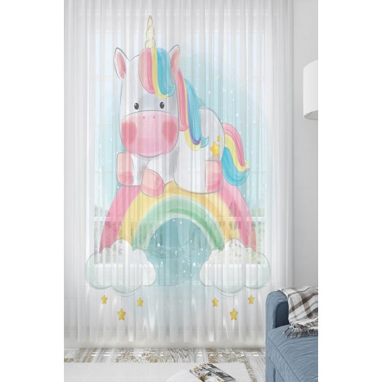 Else Renkli Unicorn Atlı Desenli Dekoratif Çocuk Tül Fon Perde