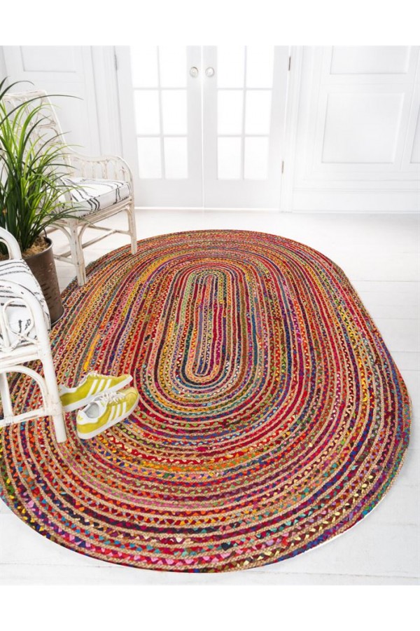 Else Renkli İpler Desenli Oval Örme Jüt Örgü Halı Hasır Kilim