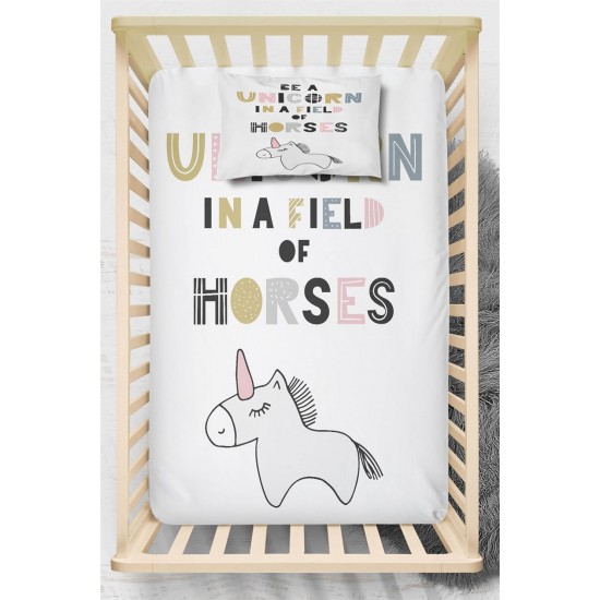 Else Renkli Yazılı Unicorn Atlı Lastikli 3d Bebek Çarşaf Takımı