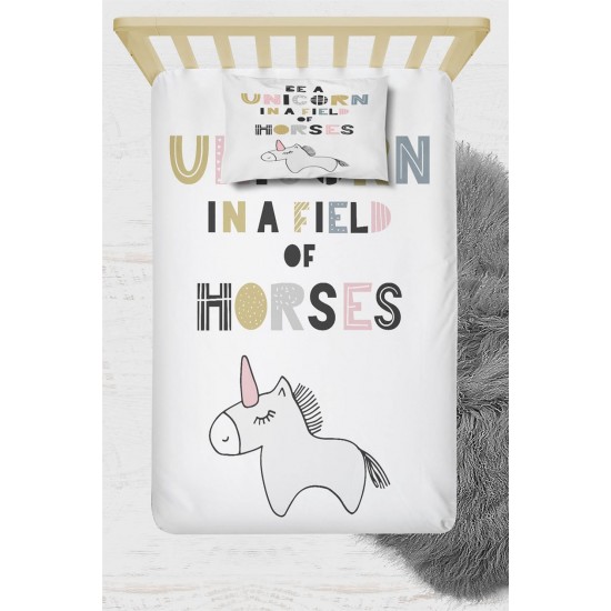 Else Renkli Yazılı Unicorn Atlı Tek Kişilik Çocuk Çarşaf Takımı