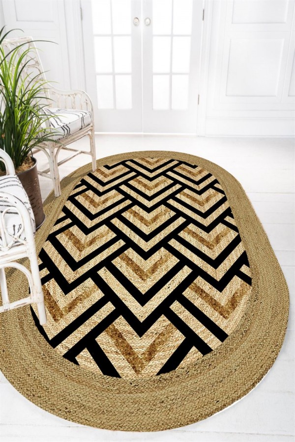 Else Sarı Siyah Çizgiler Desenli Oval Jüt Örgü Halı Hasır Kilim Else Sarı Siyah Çizgiler Desenli Oval Jüt Örgü Halı Hasır Kilim