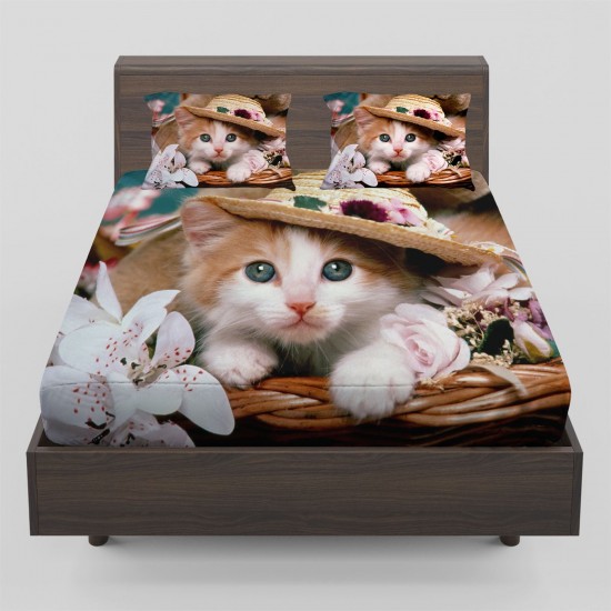 Else Sevimli Şapkalı Kedi Çift Kişilik Lastikli Çarşaf Takımı