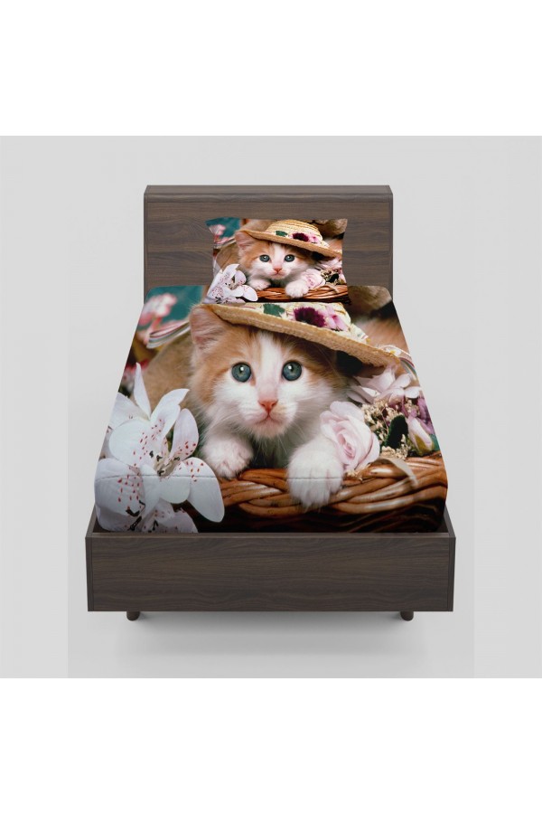 Else Sevimli Şapkalı Kedi Tek Kişilik Lastikli Çarşaf Takımı