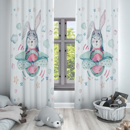 Else Sevimli Uçaklı Tavşan 3d Desenli Bebek Odası Fon Perde