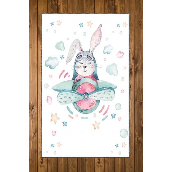 Else Sevimli Uçaklı Tavşan 3d Desenli Bebek Odası Halısı