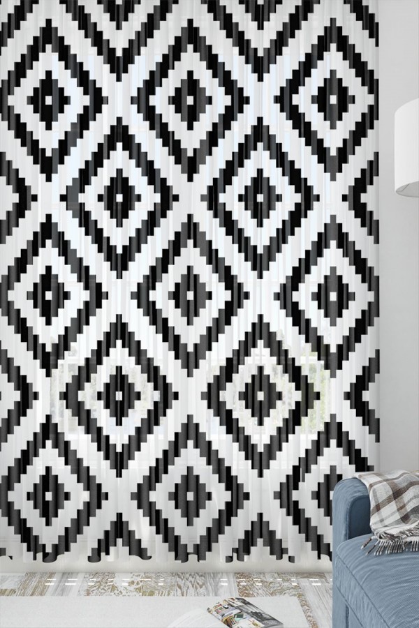 Else Siyah Beyaz Karolar Desenli Dekoratif 3d Tül Fon Perde Else Siyah Beyaz Karolar Desenli Dekoratif 3d Tül Fon Perde