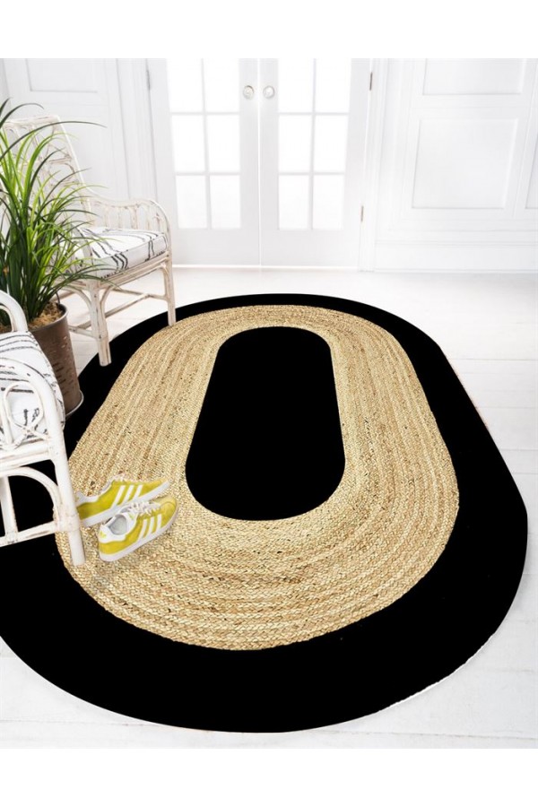 Else Siyah Renkli Desenli Oval Örme Jüt Örgü Halı Hasır Kilim Else Siyah Renkli Desenli Oval Örme Jüt Örgü Halı Hasır Kilim